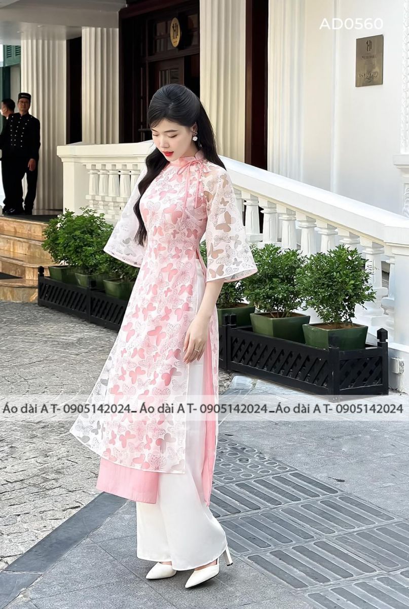áo dài cách tân voan tơ ép màu hồng -ADH-AT2024 (1)